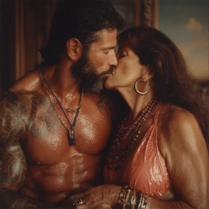 Hyperrealism ,a latin muscular beefy bearded tattoed sweaty ma...