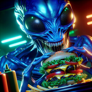 A blue glowing alien with iridescent skin and multiple eyes chom...