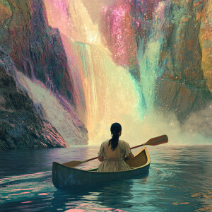 Create an image of a woman in a canoe, adorned with pastel rainb...