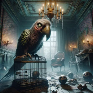 **"A sinister, decayed parrot perched on a rusted cage in a crum...