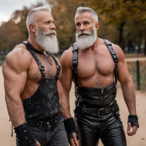 Two gray bodybuilder muscle, bearded, men walking in the park wi...