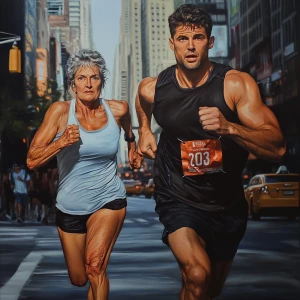 Hyperrealistic painting, a muscular, perspiring man jogging alon...
