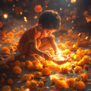 A boy illuminating a Diya surrounded by marigold flowers and fir...