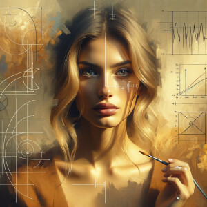 Abstract, minimalist, art cardiogram, charts complex, mathematical formulas, spontaneous lines, and paint marks, paint in hair, golden ratio