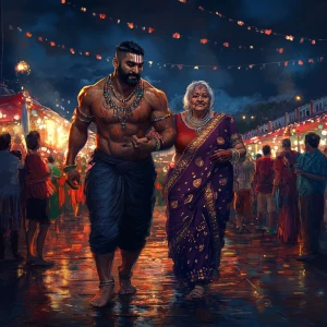 A gujarati muscular man sweat on body walking with his 54 year o...