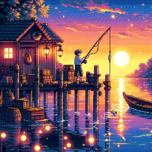 "A charming fishing dock at sunset, with a lone fisherman reeling in a shimmering fish. The docks are lined with wooden crates, nets, and lanterns that softly illuminate the surrounding water. A gentle breeze stirs the leaves of nearby trees."