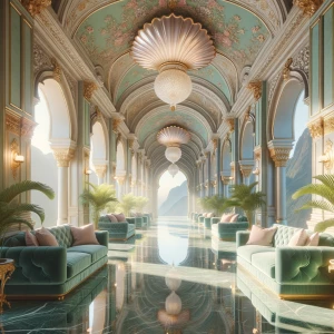 A hyperrealistic palace corridor bathed in sunlight, with pastel...