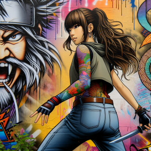 Attractive, Asian teenage girl, long brown hair and bangs, wearing tight skinny jeans and a halter top paint marks on her clothing, backside view heroic pose Asian graffiti