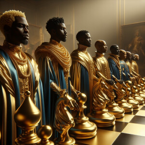 3-D realistic oil, painting, Oh a gold and black human chessboar...