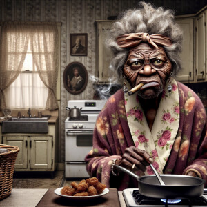 Prompt: A whimsical realistic grumpy African American elder lady...