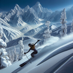 A snowy mountain range with a skier in action.
