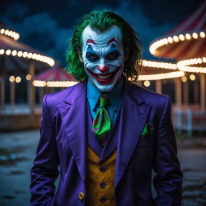 Create an image of the Joker in his iconic purple suit, with a c...