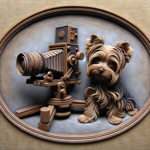 A yorkie sitting next to an old large format camera on a tripod,...