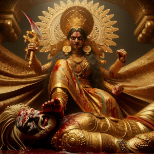 portrait of angry looking goddess durga has her foot on a defeated mahishasur. She is wearing gold armor, a huge gold crown, gold saree, abundant  gold jewelry, covered in blood. Mahishasur laying on ground dead. The scene is set in ancient India. The image is 8K resolution, photography, cinematic, ultra detailed face and epic