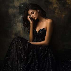 A poised woman adorned in a floor-length, black evening gown wit...