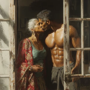 Hyperrealism painting.a muscular sweaty indian man standing in...