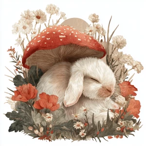 Cute fluffy rabbit sleeping under a red mushroom with white spot...