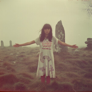 Create a faded color film photograph from 1970 of a beautiful, m...