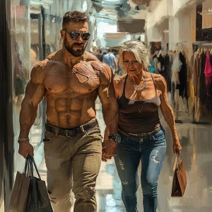 Realism style.A muscular, sweaty man walking with his 53 years...
