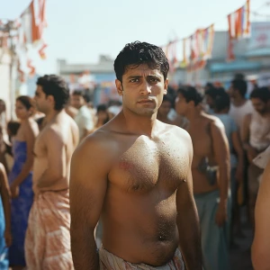 An Indian man with a muscular build, identifiable as a criminal,...