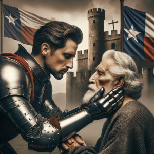 Texas flags waving. Knight holding a frail man’s gray haired hea...