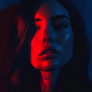 Ultra-realistic digital art, head-on eye-level portrait of a fem...