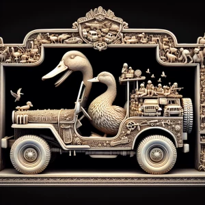 Design a three-dimensional bas-relief depicting a duck seated inside a Jeep, oriented to face the viewer, with miniature figures crossing the dashboard.