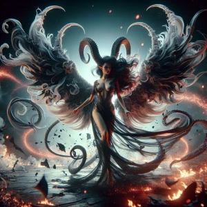 A seductive succubus with enormous wings resembling Azazel's hor...