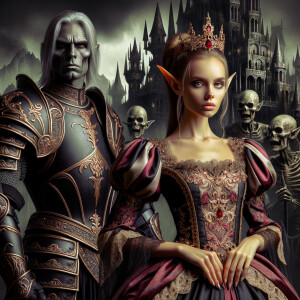 Black knight standing in front of a undead castle with standing with a Greek elf queen with a burgundy,gold and pink dress