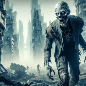 Futuristic city in ruins, a close up view of a zombie walking th...