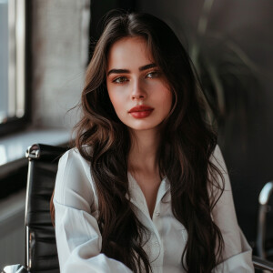 Fair-skinned woman with dark long hair, elegant and composed, si...
