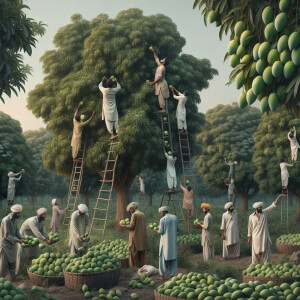 A group of 10 to 12 men are seen harvesting manually green mango...