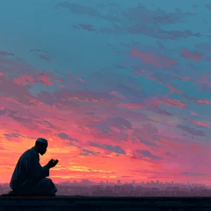 Cartoon-style illustration of a Muslim man praying Fajr on a roo...