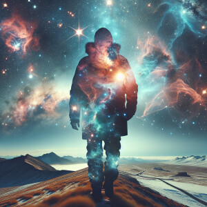 Hyperrealistic double exposure galactic wonderer