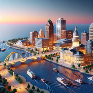 Create an image of Milwaukee, Wisconsin's skyline along the lake...