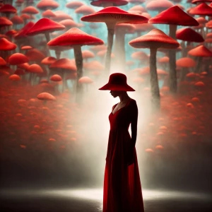 Red-haired woman wearing a gown resembling an inverted mushroom...