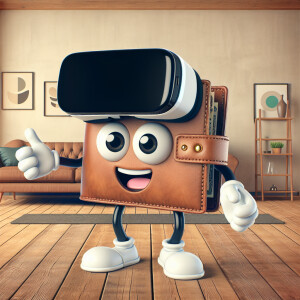 A cute and friendly cartoon wallet character with big, expressiv...