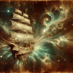 The celestial vessel emerges from the depths of a nebulous void,...