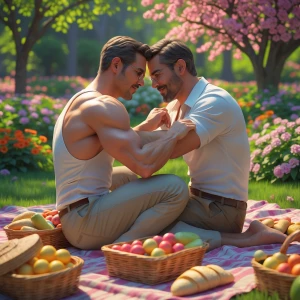 The image is a romantic, hyper realistic of two men engaged in a...