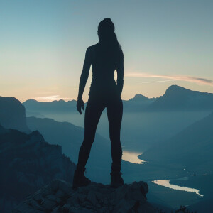 Fair-skinned woman with dark long hair, elegant and composed, we...