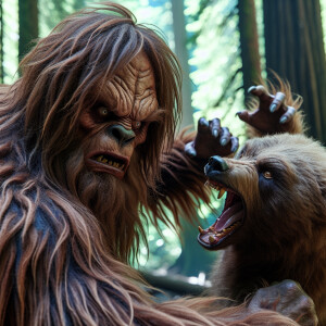 A humanoid, Sasquatch with thick fur choking a bear in a British...
