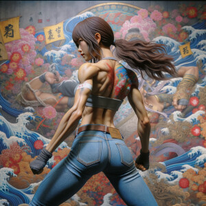 Athletic Thin skinny Attractive, Asian teenage girl, long brown hair and bangs, wearing tight skinny jeans and a halter top paint marks on her clothing, heroic pose Asian graffiti background, backside view