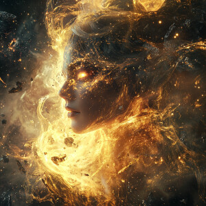 Create an ultra-realistic digital art of a cosmic witch facing t...