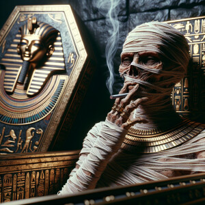 Create for me a hyper-realistic image, an Egyptian mummy sitting...