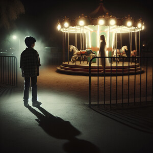 Night. An abandoned playground. There's a boy standing there. In...