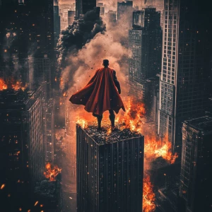 You are a graphic designer who is an expert in Photoshop. Create a cinematic style image of a classic superhero standing triumphantly on a skyscraper of a burning city.