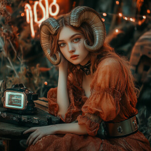 Capture a hyper-realistic, cool Cottagecore portrait of a young...