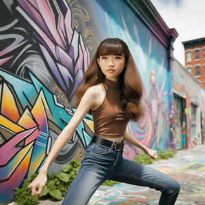 teenage girl, long brown hair and bangs, wearing tight skinny jeans and a halter top paint marks on her clothing, heroic pose Asian graffiti background, nearing on one knee