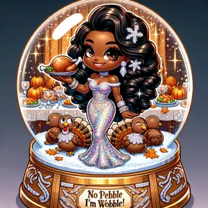 A vibrant and humorous Thanksgiving-themed snow globe featuring...