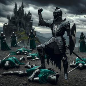 Black knight in victory pose with defeated green knights on the ground in front of a undead castle